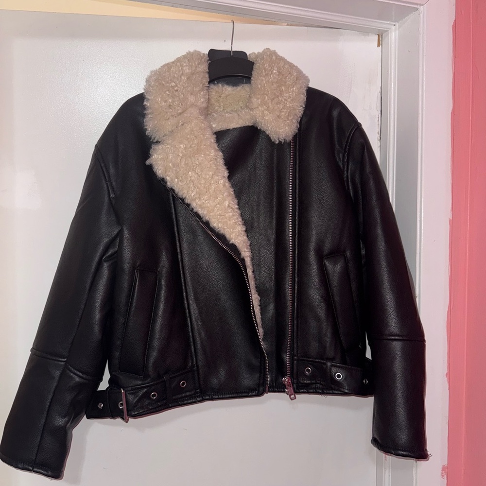 H&M Black Leather Jacket with Cream Shearling